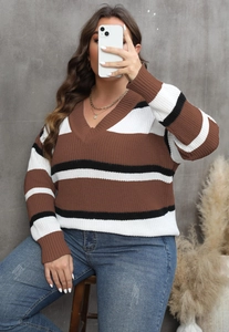 Detail of plus size V-neck striped knit sweater in brown, white and black colors