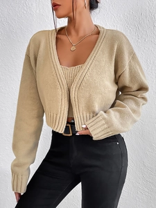 Women Acrylic Solid Color Long Sleeve Cropped Cardigan And Camisole Two Piece Top And Bottom Sweater Set