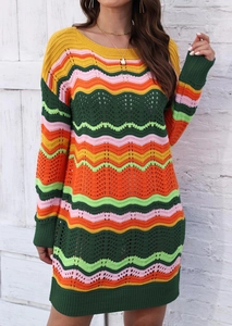 Detail of colorful wavy knit pattern and textured hollow stitch on this striped dress