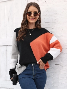 Maglione da donna a girocollo con design geometrico color-block arancione e grigio