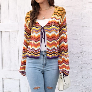 Detailed wave pattern knit cardigan with multi-colored stripes and front tie closure