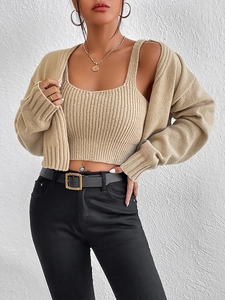 Women's rib-knit two-piece set featuring a cropped tank top and long-sleeved cardigan