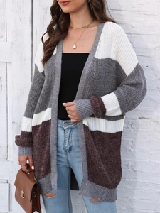 Women's loose knit cardigan with grey, white and brown colorblock patchwork patterns