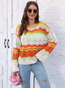 Detail of colorful rainbow wave crochet pattern on a breathable hollow knit sweater