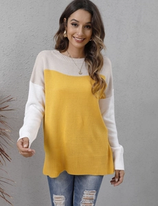 Detail view of the fine knit texture and color-block stitching on this women's sweater