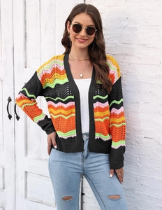 Detail of colorful wavy knit pattern and openwork texture on women's striped cardigan