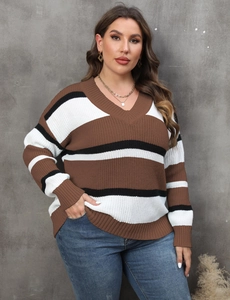 Detail of V-neck striped knit sweater in brown and white color block pattern