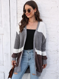 Women's color block knit cardigan sweater in white grey and brown oversized open front coat