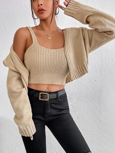 Beige ribbed knit two-piece set featuring a cropped V-neck cardigan and matching camisole