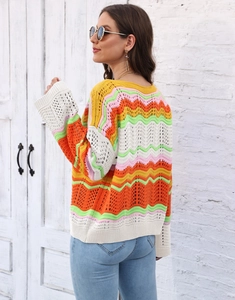 Detail of colorful rainbow stripe crochet knit sweater with intricate hollow texture