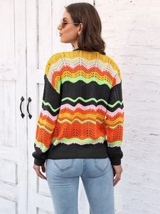 Detail shot of the back of a women sweater showing colorful wave pattern and knit texture