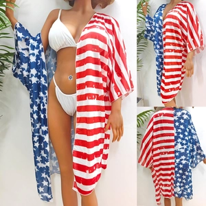 Cache-Maillot de Plage Femme Drapeau Américain Étoiles Rayures Kimono Cardigan Ample Protection Solaire Mesh Chiffon Manche Chauve-Souris