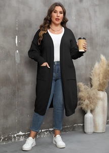 Gilet long noir grande taille pour femme avec manches bouffantes et poches latérales