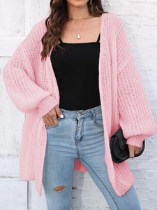 Women's pink chunky knit cardigan with lantern sleeves for casual autumn fashion style