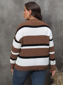 Detailed back view of a striped knitted sweater in brown, white, and black colors