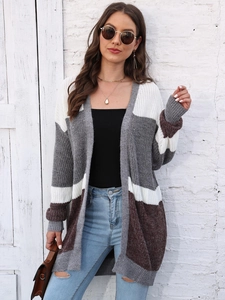 Women Color Block Knit Cardigan Open Front Loose Mid-Length Sweater Jacket Casual Winter Striped Contrast Color Outerwear