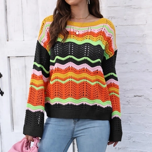 Close-up of rainbow wavy striped crochet knit sweater with hollow details and round neck