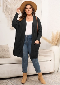 Women's black batwing sleeve knit cardigan sweater with large front pockets and longline fit