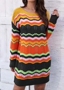 Close-up of rainbow wavy stripes and hollow crochet knit texture on the long sleeve dress