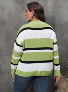 Back view of a plus size green, white and black striped knit sweater for women