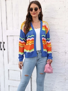 Colorful rainbow striped crochet cardigan sweater for women in multi-color knit pattern