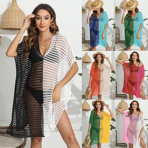 Women Sexy Deep V Neck Crochet Beach Cover Up Hollow Out Patchwork Knitted Oversized Swimsuit Wrap Dress Summer Vacation Tops