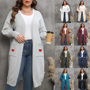 Women's Mid-Long Cardigan Sweater V-Neck Lantern Sleeve Heart Patch Loose Knit Coat Open Front Outerwear With Pockets