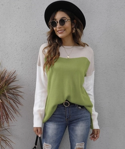 Detail of loose knit sweater showing contrast stitching in beige, green and white colors