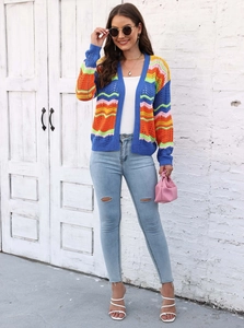 Detail shot of multicolor wave stripes on hollow-out knit cardigan for women
