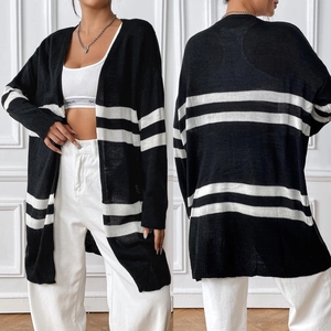 Detailed view of black and white striped knitted cardigan showing front and back textures