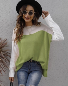 Women's color block knit sweater in cream and green, loose fit long sleeve pullover top