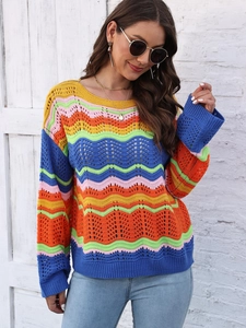 Detailed view of colorful rainbow stripe crochet knit sweater with hollow-out wavy texture