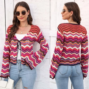 Detailed front and back view of women's rainbow zigzag knit cardigan with tie closure