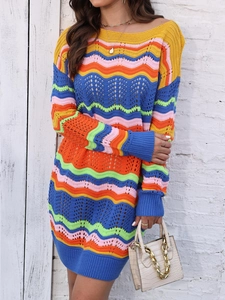 Detail of colorful rainbow wave crochet knit dress with hollow out texture and rib cuffs