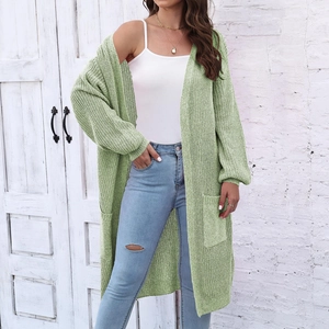 Cardigan lungo in maglia verde menta con grandi tasche e maniche a palloncino casual