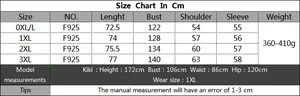 Detailed size chart for oversized wavy stripe cardigan with bust and sleeve measurements