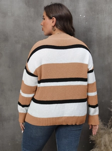 Rear view of a plus-size knit sweater featuring bold camel, white and black stripes