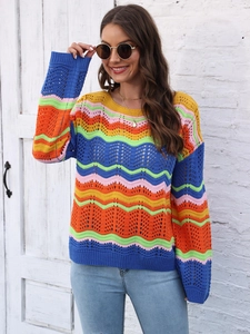 Detail of multi-color wavy striped knit sweater with delicate openwork crochet texture