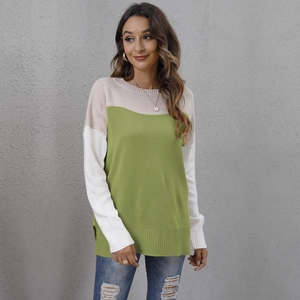 Women's color block knit sweater in beige, green and white with ribbed hem and cuffs