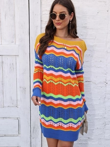 Detail of multi-color wavy striped crochet knit texture and elegant boat neck on dress