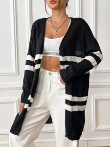 Women striped knit cardigan with loose fit and long sleeves for casual autumn wear