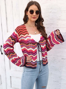 Women Bohemian Rainbow Striped Knit Cardigan Long Bell Sleeve Tie Front V Neck Crochet Sweater Casual Autumn Winter Jacket