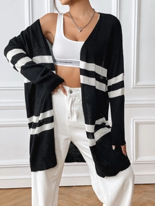 Women's casual striped knit cardigan with long sleeves and loose fit in black and white