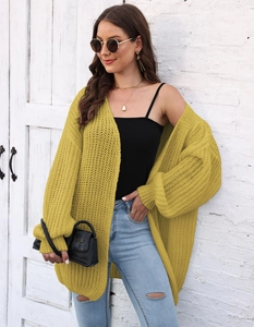 Detail of yellow chunky knit cardigan with oversized fit and textured woven pattern