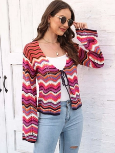 Women's chevron crochet cardigan with colorful rainbow stripes and front tie closure