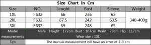 Größentabelle für lockere Damenpullover in Übergrößen von 1XL bis 3XL mit Modellmaßen