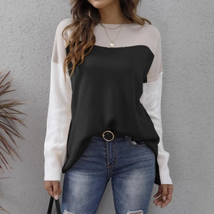 Detail of three-color knit sweater texture featuring beige, black and white stitching panels