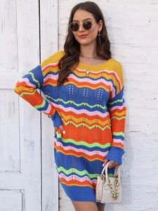 Women's colorful rainbow striped crochet knit dress with long sleeves and hollow texture
