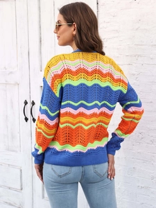 Rear view of a colorful rainbow wave knit sweater with hollow out texture and long sleeves