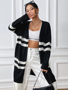 Women's casual striped knit cardigan sweater in black and white stripes for autumn wear
